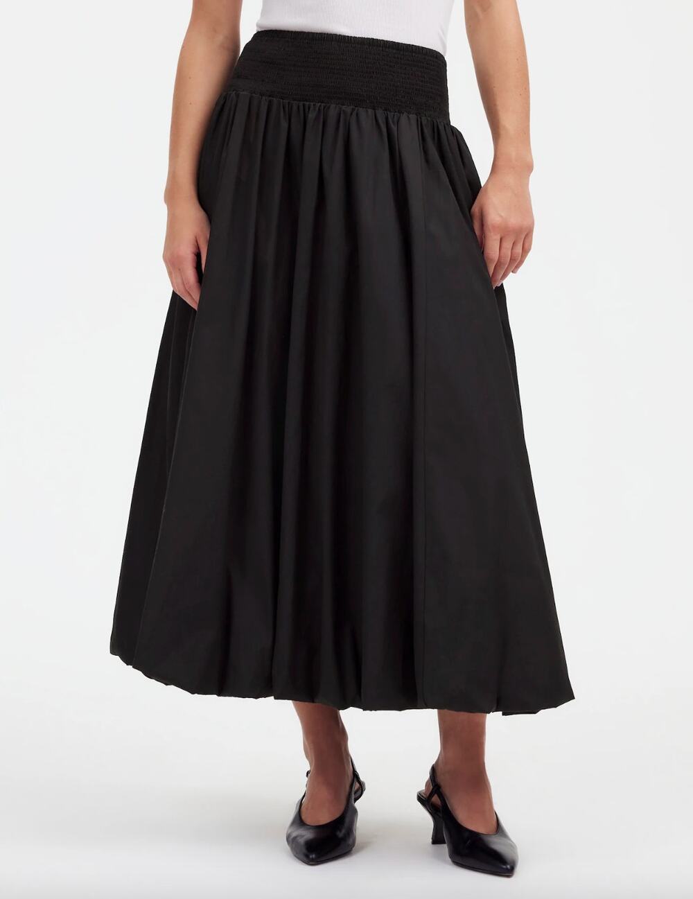 Madewell Poplin Smocked Bubble Midi Skirt Black Cocktail Pockets Cotton XXS NWT